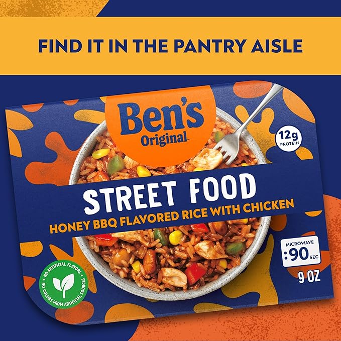 BEN'S ORIGINAL Street Food Honey BBQ Flavored Rice with Chicken, Prepared Entrée, Microwave in 90