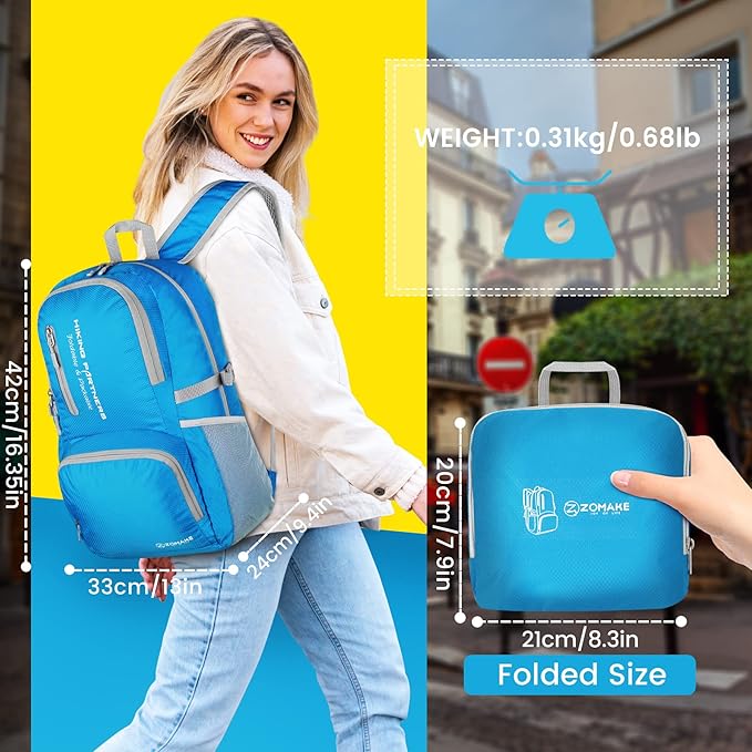 ZOMAKE Lightweight Packable Backpack, 35L Light Foldable Hiking Backpacks Water Resistant