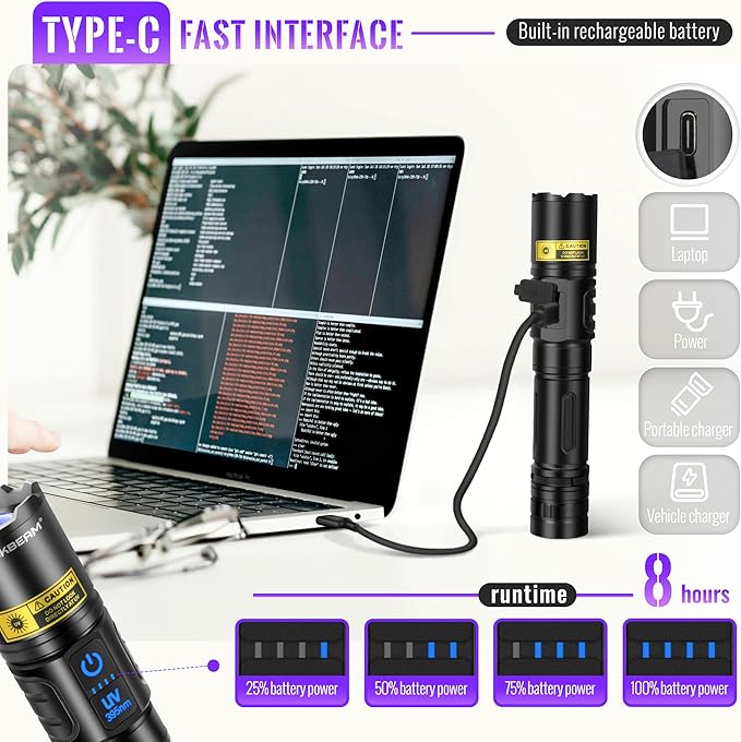 DARKBEAM UV Flashlight Blacklight 395nm Black Light, High Lumens LED Flashlights USB Rechargeable