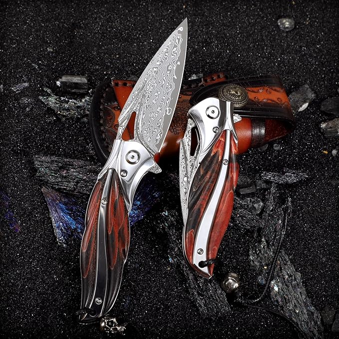 Handmade Japanese VG10 Damascus steel Folding Pocket Knife，With leather case，Liner Lock，3.1in high