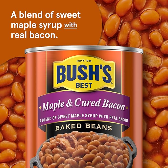 BUSH'S BEST 16 oz Canned Maple Cured Bacon Baked Beans Source of Protein and Fiber, Low Fat, Gluten