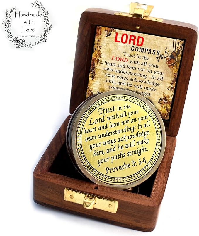 Trust in The Lord With All Your Heart - Proverbs 3:5-6 Quote Engraved Compass With Wooden Box