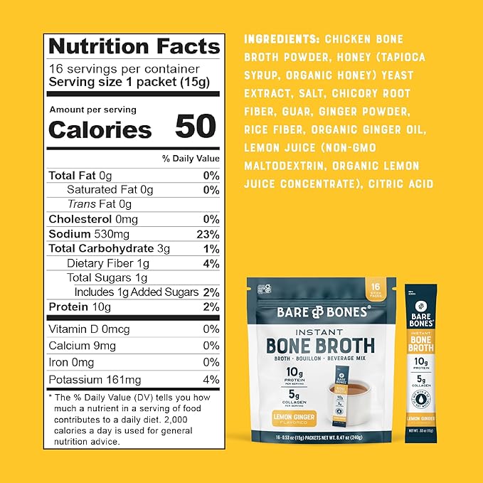 Bare Bones Bone Broth Instant Powdered Mix, Lemon Ginger, Pack of 16, 15g Sticks, 10g Protein, Keto