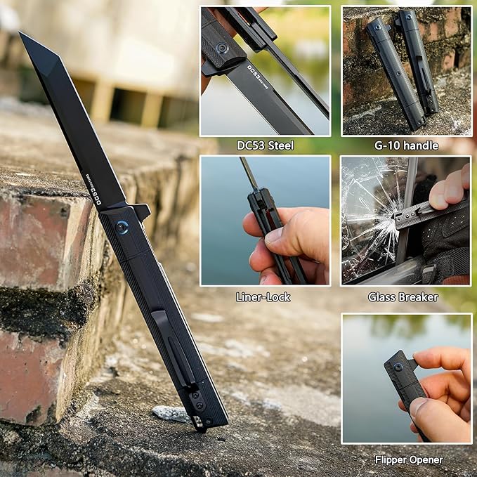 Flipper Pocket Folding Knife,DC53 Steel Blade and G10 Handle. With pocket clip and glass