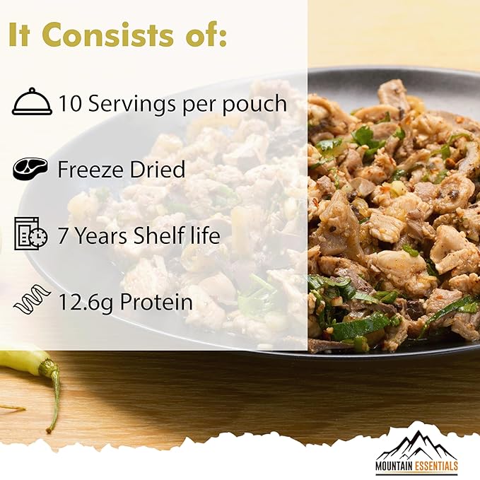 MOUNTAIN ESSENTIALS Freeze-Dried Shredded Pork ??Fully Cooked, Ready-to-Eat Meat | 10 Servings per