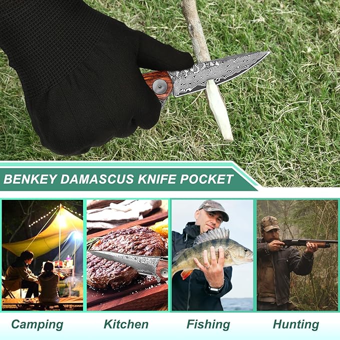 Benkey Damascus Folding Knife with Clip Leather Sheath Camping Knife EDC, Sharp Damascus Pocket