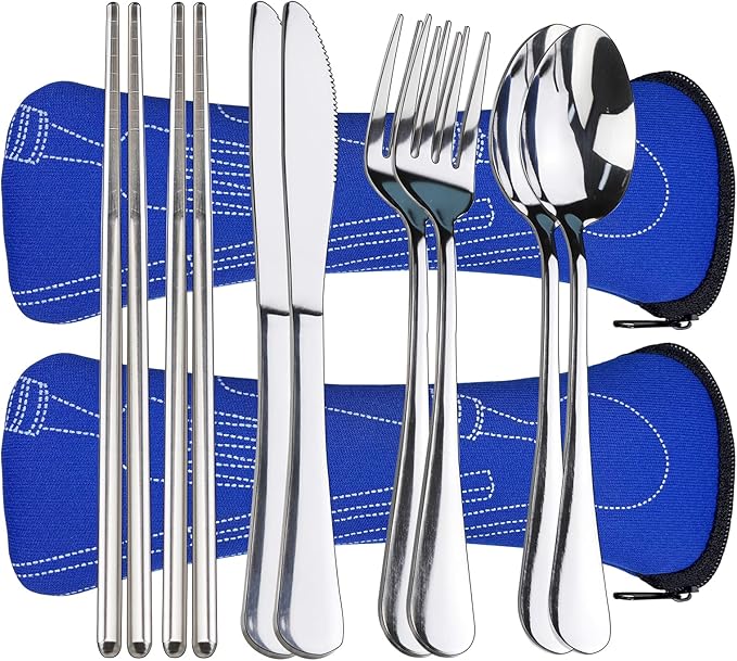 10PCS Portable Silverware Set with Case, Lengnoyp Travel Camping Utensils Set, Premium Stainless