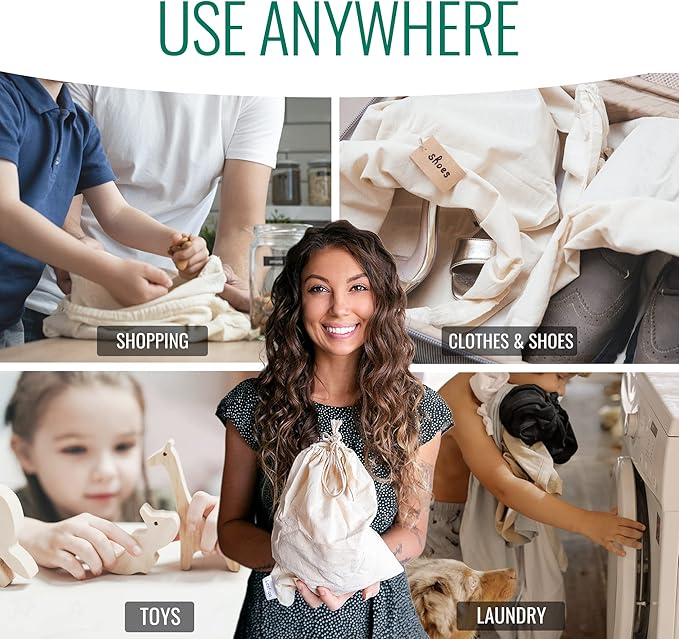 Cotton Storage Bags ??X-Large 14x17 Inch (6-Pack) ??Reusable Muslin Bags with Drawstrings