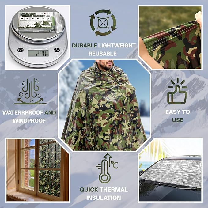 SecuCaptain Survival Emergency Thermal Blankets: Thicken 28um Space Mylar Blanket Kit for Outdoor