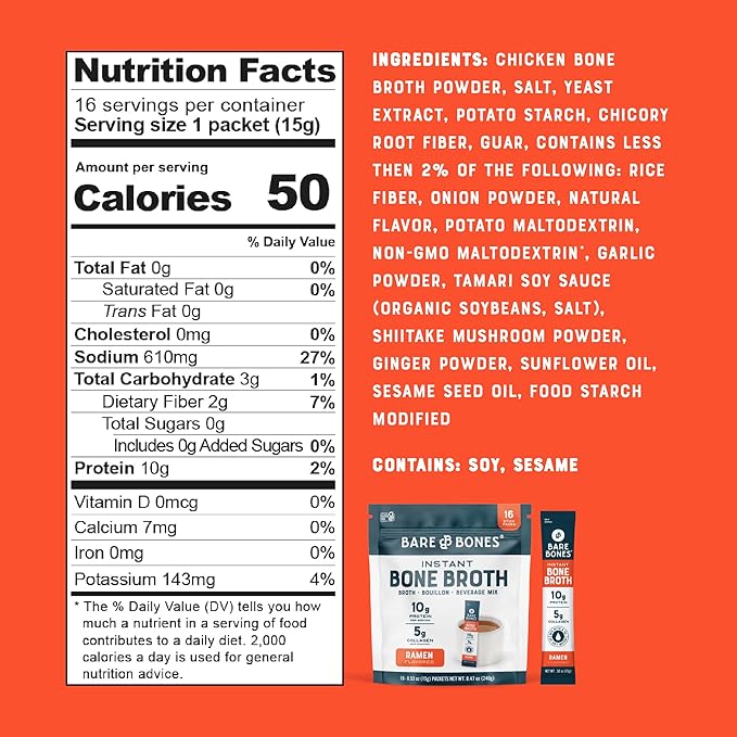 Bare Bones Bone Broth Instant Powdered Beverage Mix, Ramen, Pack of 16, 15g Sticks, 10g Protein