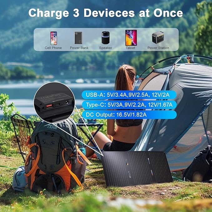 30W Portable Solar Panel, Foldable Solar Panel Charger with QC3.0 USB-A USB-C & DC Output for