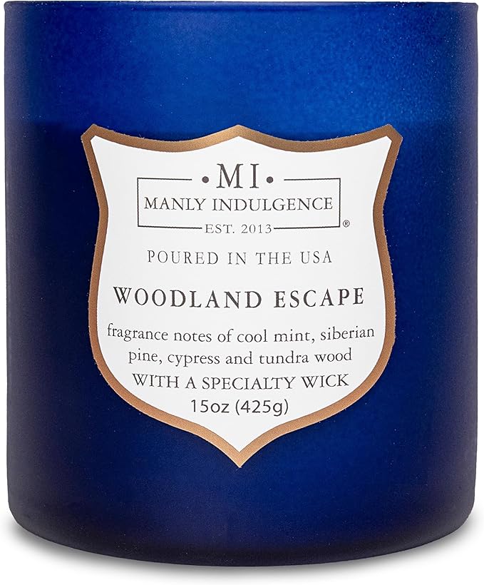 Manly Indulgence Woodland Escape Scented Candles for Men, 15 oz Wooden Wick, Premium Soy Blend Wax