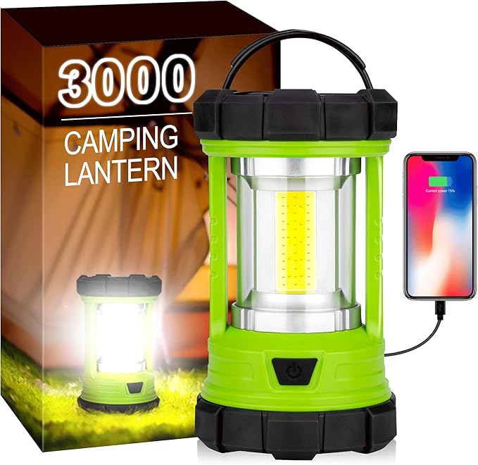 Camping Lantern, 3000LM LED Rechargeable Battery Operated Lantern, 5 Light Modes, COB Waterproof