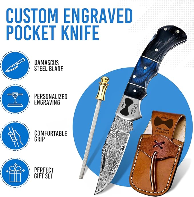 Set of 5 - Personalized Damascus Pocket Knife for Groomsmen -With Leather Sheaths - Custom Engraved