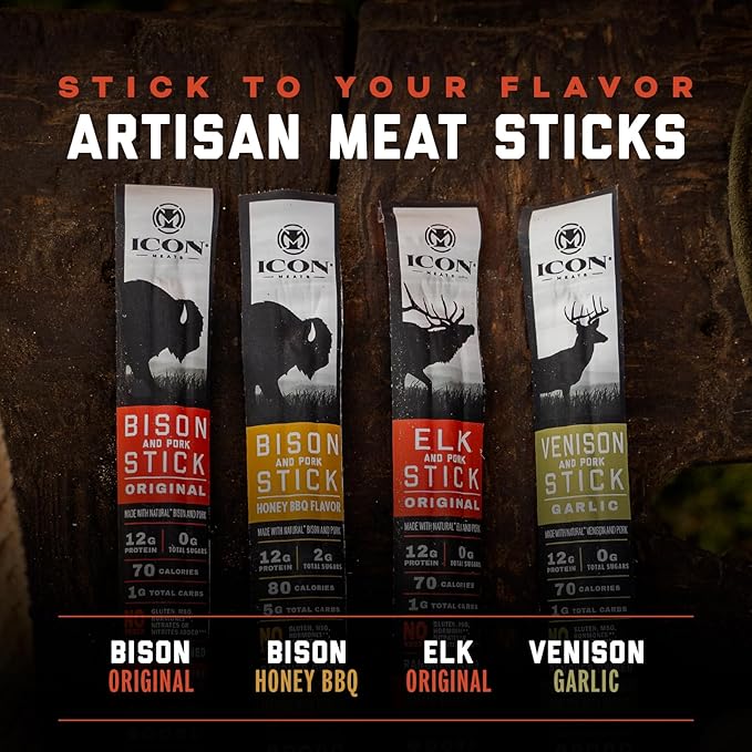 ICON Meats Snack Sticks Sampler - Assorted Flavors of Bison, Elk, Venison and Pork Jerky Sticks