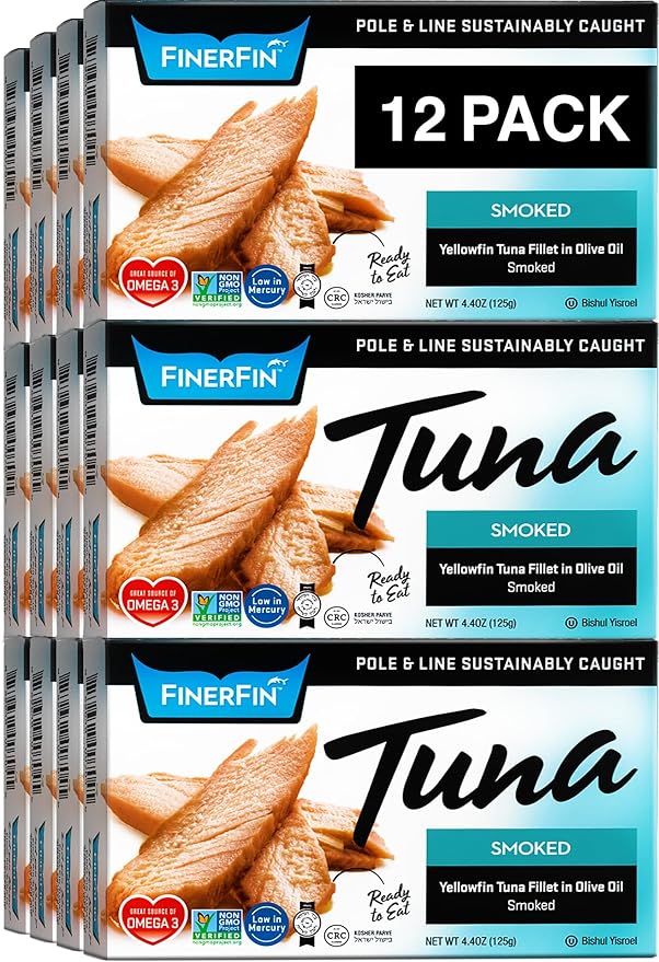 FinerFin Premium Smoked Yellowfin Tuna Fillets in Organic Extra Virgin Olive Oil, 4.4 oz (12 Pack)