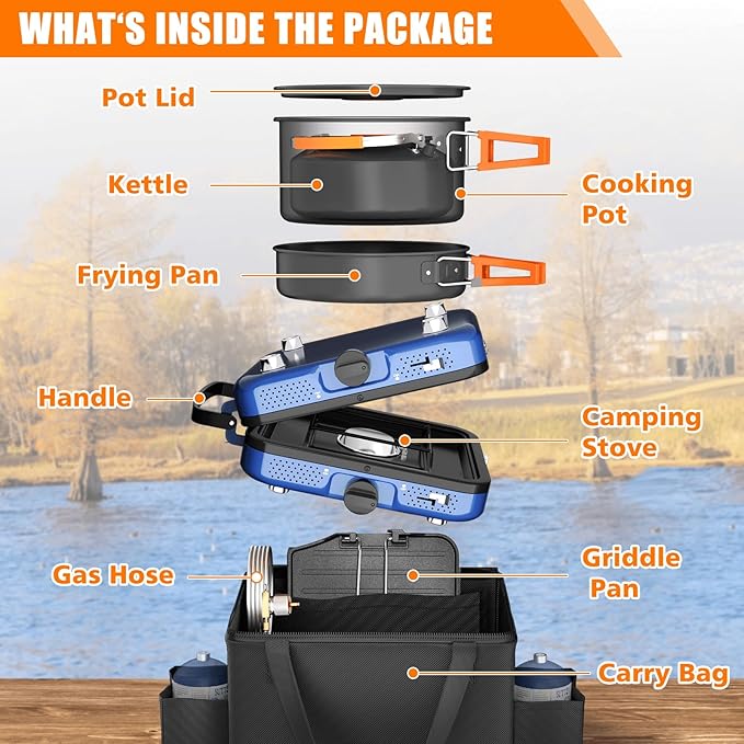 Portable 2 Burner Camping Stove Set with Cookware, Outdoor Cooking Kit Includes Outdoor Folding Gas