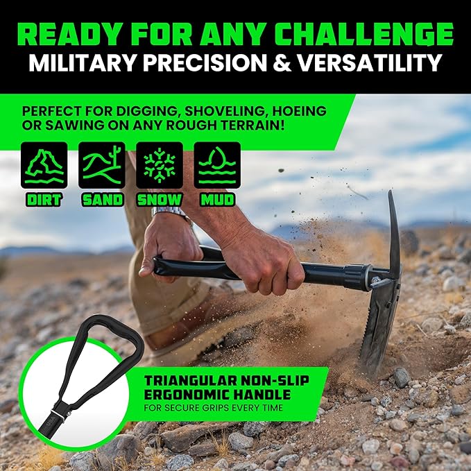 RHINO USA Folding Survival Shovel w/Pick - Heavy Duty Carbon Steel Military Style Entrenching Tool