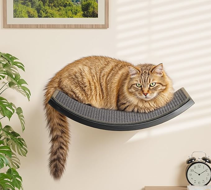 Gray Cat Wall Shelf with Grey Sisal Mat, Curved Cat Bed for Scratching and Resting, Wall Mounted