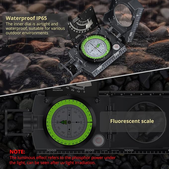 Compass Hiking Survival, IP65 Waterproof Metal Compass with Sighting Clinometer and Carry Bag