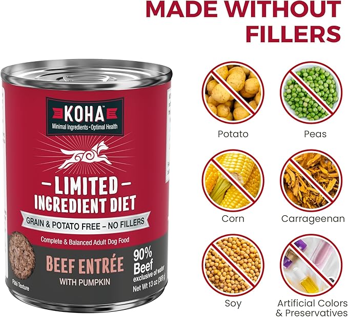 KOHA Limited Ingredient Diet Beef Entrée for Dogs - Grain Free Wet Dog Food with No Fillers