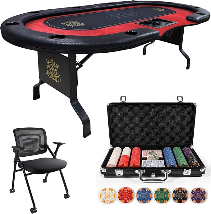 GUTSHOT Foldable Poker Table for 10 Players with 10 Chairs and Poker Chips Set - Premium