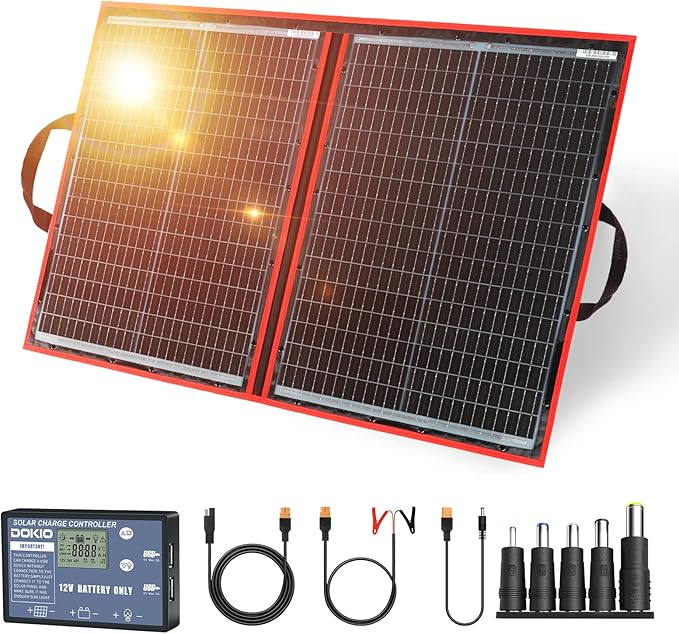 DOKIO 100W Portable Foldable Solar Panel Kit, Compact 18.9x26in Design 5.3lb with Standalone