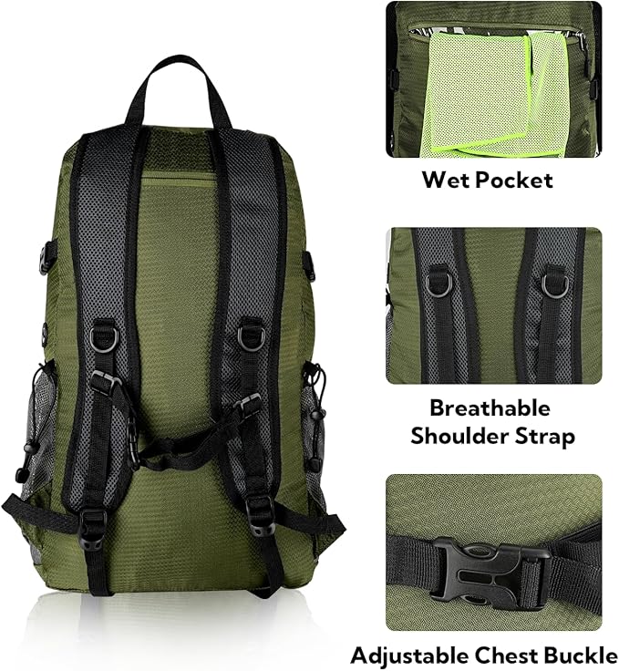 WATERFLY Lightweight Packable Hiking Backpack: 30L Foldable Travel Daypack Ultralight Camping Day