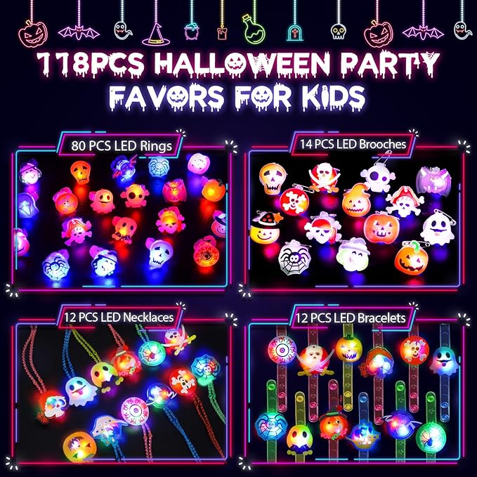 118 PCS Halloween Party Favors Bulk, 80 Rings, 14 Brooches, 12 Necklaces, 12 Bracelets,Halloween