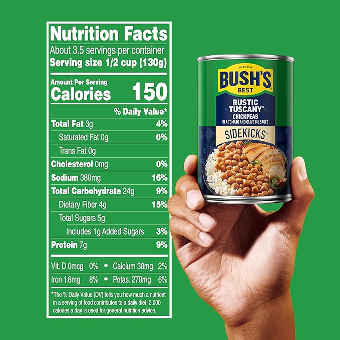 BUSH'S BEST 15.5 oz Canned Rustic Tuscany Chickpeas, Source of Plant Based Protein and Fiber, Low