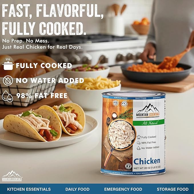 MOUNTAIN ESSENTIALS Fully Cooked Canned Chicken 28 Oz ??White Meat for Daily Meals, Camping &