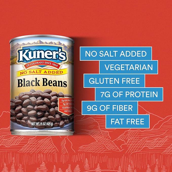 Kuner's No Salt Added Canned Black Beans, Plant Protein and Fiber, Gluten Free, Vegan, Fat Free, 12