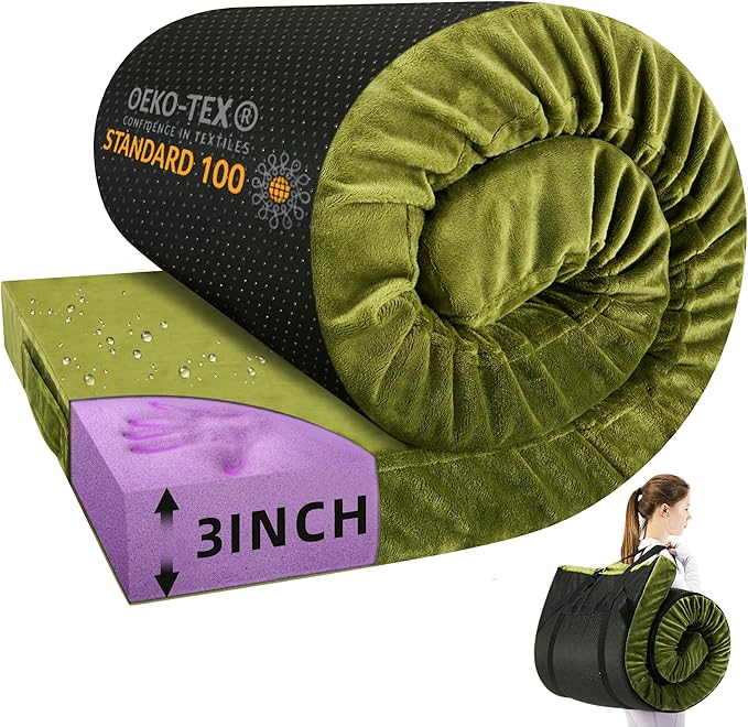 BDEUS Memory Foam Camping Mattress Pad 3inch Waterproof Roll Up Bed Sleeping Mat for Adults