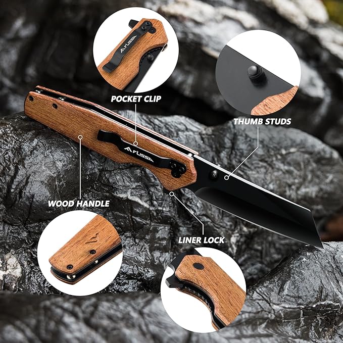 FLISSA Folding Knife, 4-3/4" Reverse Tanto Folding Pocket Knife, Black Stonewash Blade, Wood