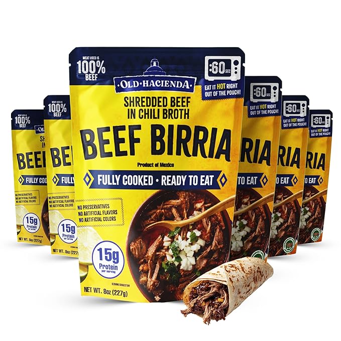 Old Hacienda Beef Birria | 100% Shredded Beef in Chili Broth | Fully Cooked & Ready to Eat | 15g