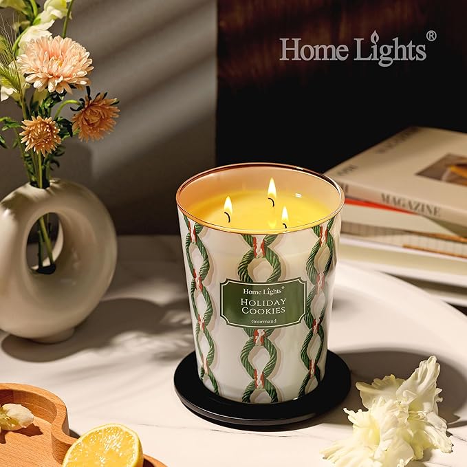 HomeLights Holiday Cookies Scented Candles | 34oz Soy Candles Rustic Modern 3-Wick Large Candle