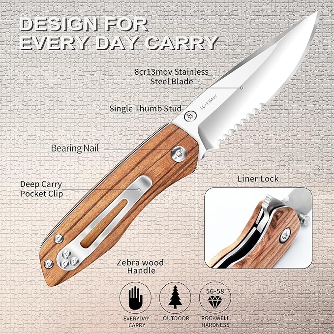 Vickay Folding Pocket Knife for Men & Women, 2.95" 8Cr13MoV Half-Serrated Steel Blade, Wood Hanlde