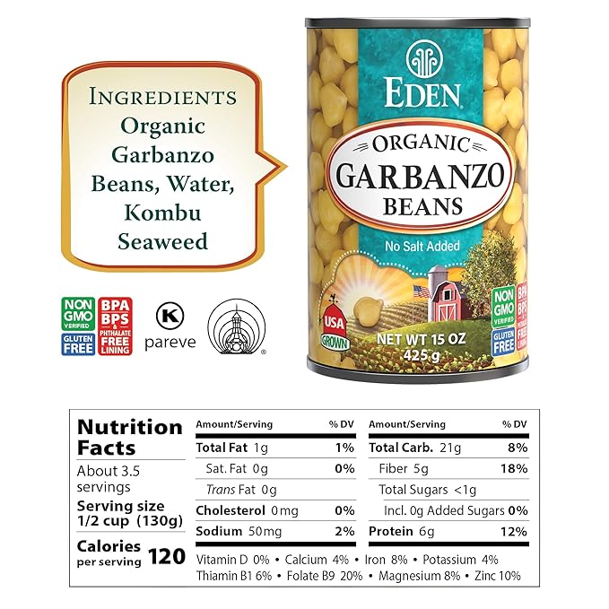 Eden Organic Garbanzo Beans, Chickpeas, 15 oz Can (12-Pack Case), No Salt Added, Non-GMO, Gluten