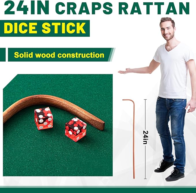 Leyndo Craps Tabletop Game Set, Includes 24" Craps Rattan Stick, Casino Grade AAA 19 mm Dice, 3"