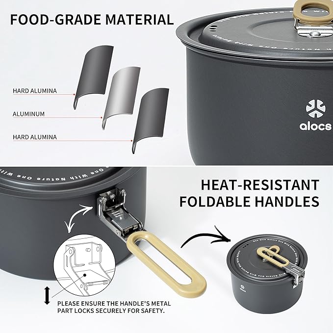 Alocs Camping Cookware, Portable Non-Stick Camping Pan Set with Enhanced Handle, Ideal for Outdoor