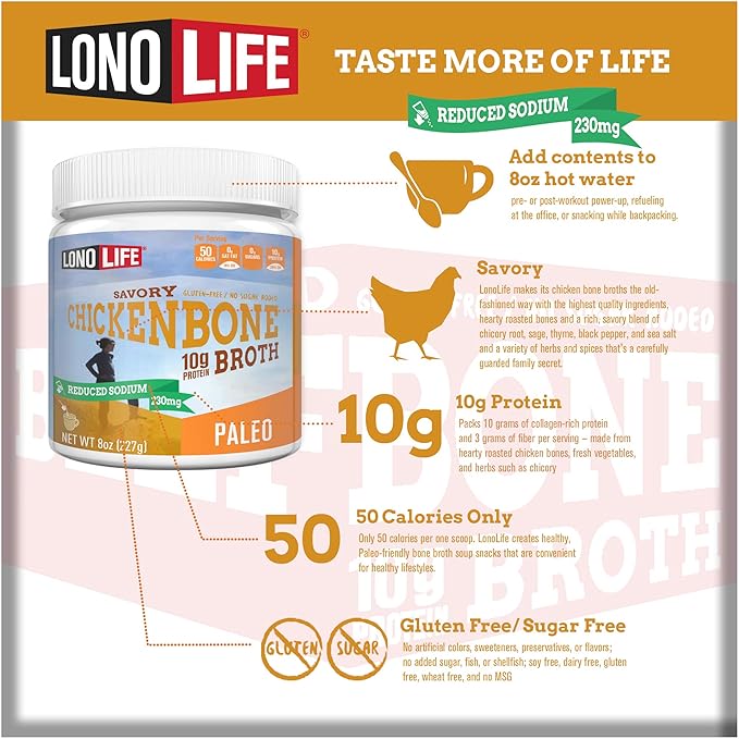 LonoLife Reduced Sodium Chicken Bone Broth Powder Mix | 10g Protein | Collagen-Rich, Keto & Paleo