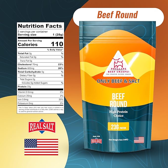 Phillips Beef Crisps - Round - Only Beef & Salt - Zero Carbs - Zero Sugar - High Protein Meat
