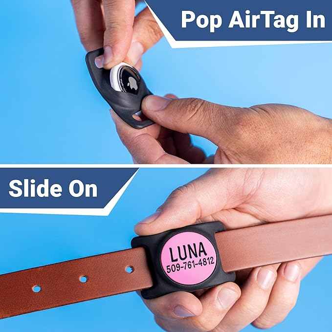 GoTags Personalized AirTag Dog Collar Holder, Engraved Tracker Case for Pet Collar, Custom Text