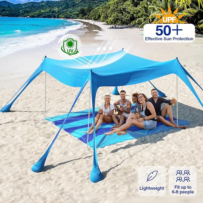 Rhino Valley Beach Tent Shade Canopy UPF50+ Protection, 8 Sandbags, 4 Stability Poles, Outdoor Sun