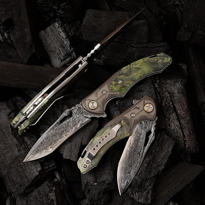 VG10 Damascus Steel Folding Knife, Stable Wood with Leather cover and pocket clip, Outdoor Survival