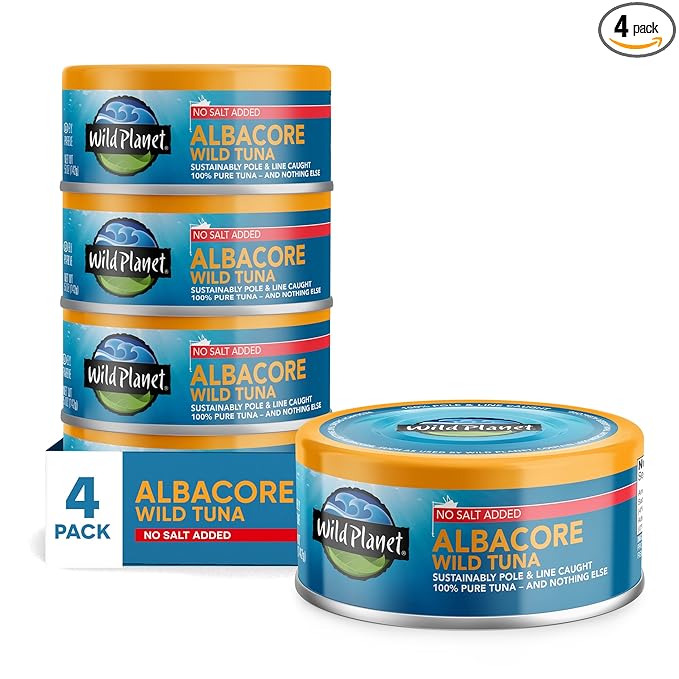 Wild Planet Albacore Wild Tuna, No Salt Added, Canned Tuna, Pole & Line Caught, 5 oz, Pack of 4