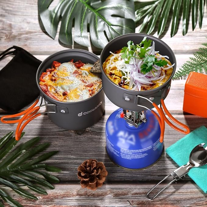 Odoland 6pcs Camping Cookware Mess Kit with Lightweight Pot, Stove, Spork and Carry Mesh Bag, Great