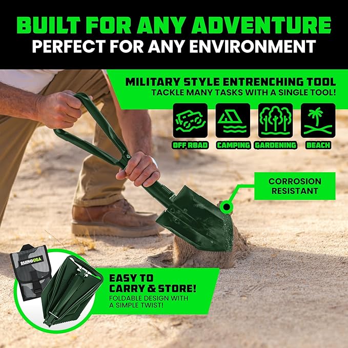 RHINO USA Folding Survival Shovel w/Pick - Heavy Duty Carbon Steel Military Style Entrenching Tool