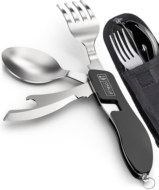 Orblue 4-in-1 Camping Eating Utensils, 2-Pack - Portable Spoon, Fork, Knife & Bottle Opener Combo