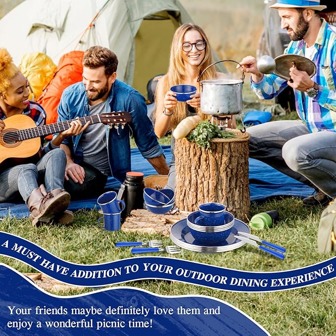 Nuogo 24 Pcs Enamel Camping Tableware Includes 12 oz Coffee Mugs 10.5 Inch Camping Plates 6 Inch